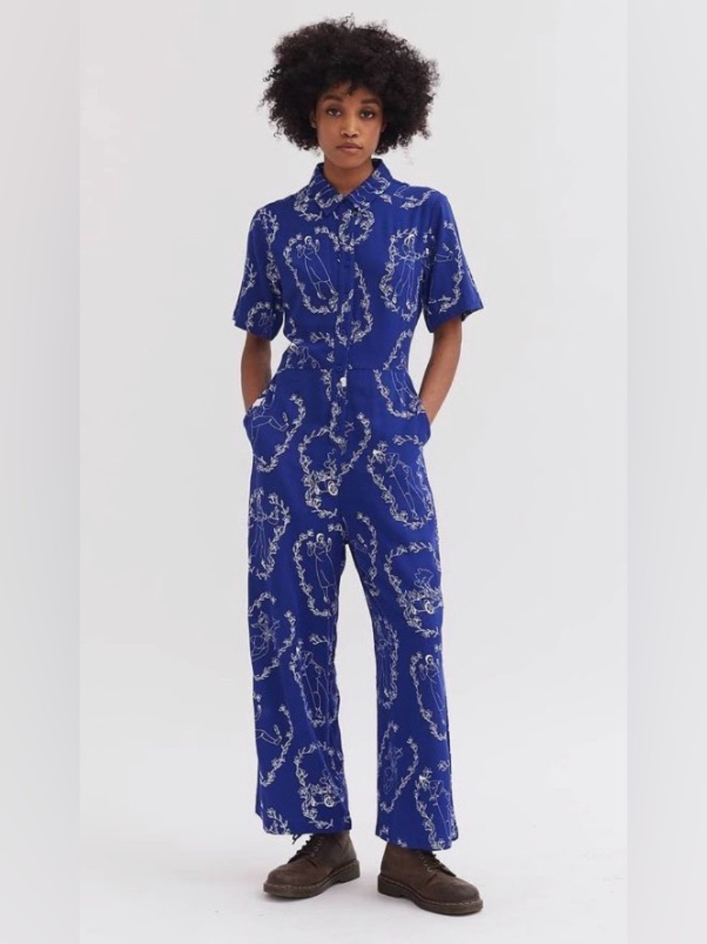 Lazy OAF “Accidents” Blue Illustrated Button Front Jumpsuit Wide Leg Plus Sz. 20